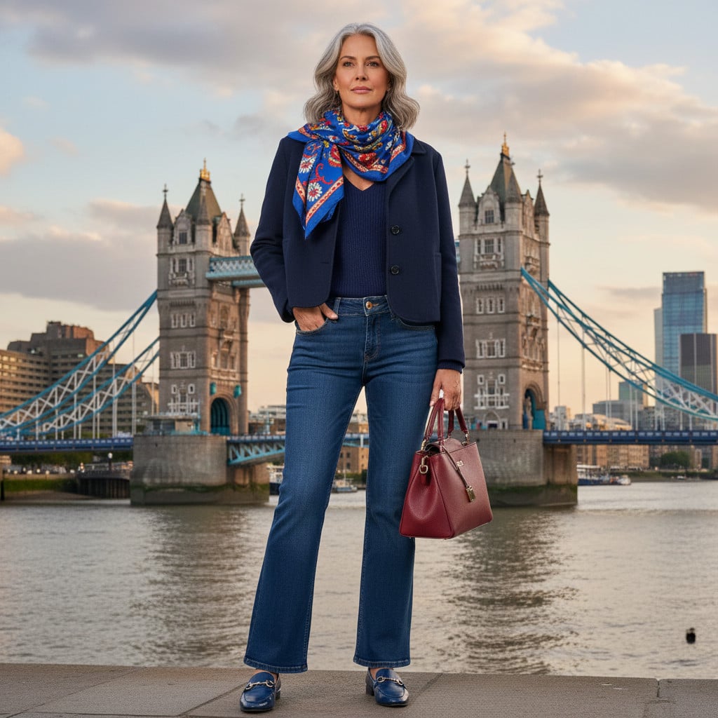 Outfit donna - Il dettaglio del foulard. Stile Casual per Ufficio. Abbinamento con maglieria, jeans a zampa, blazer, foulard, mocassini, borse a mano. - Virtual Try-On