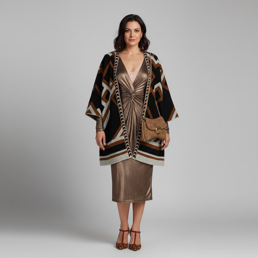 Outfit donna - Un po’ di etnico nella serata a teatro. Stile Trendy per Serata fuori. Abbinamento con vestiti a tubino, pochette, body, décolleté, cappe. - Virtual Try-On