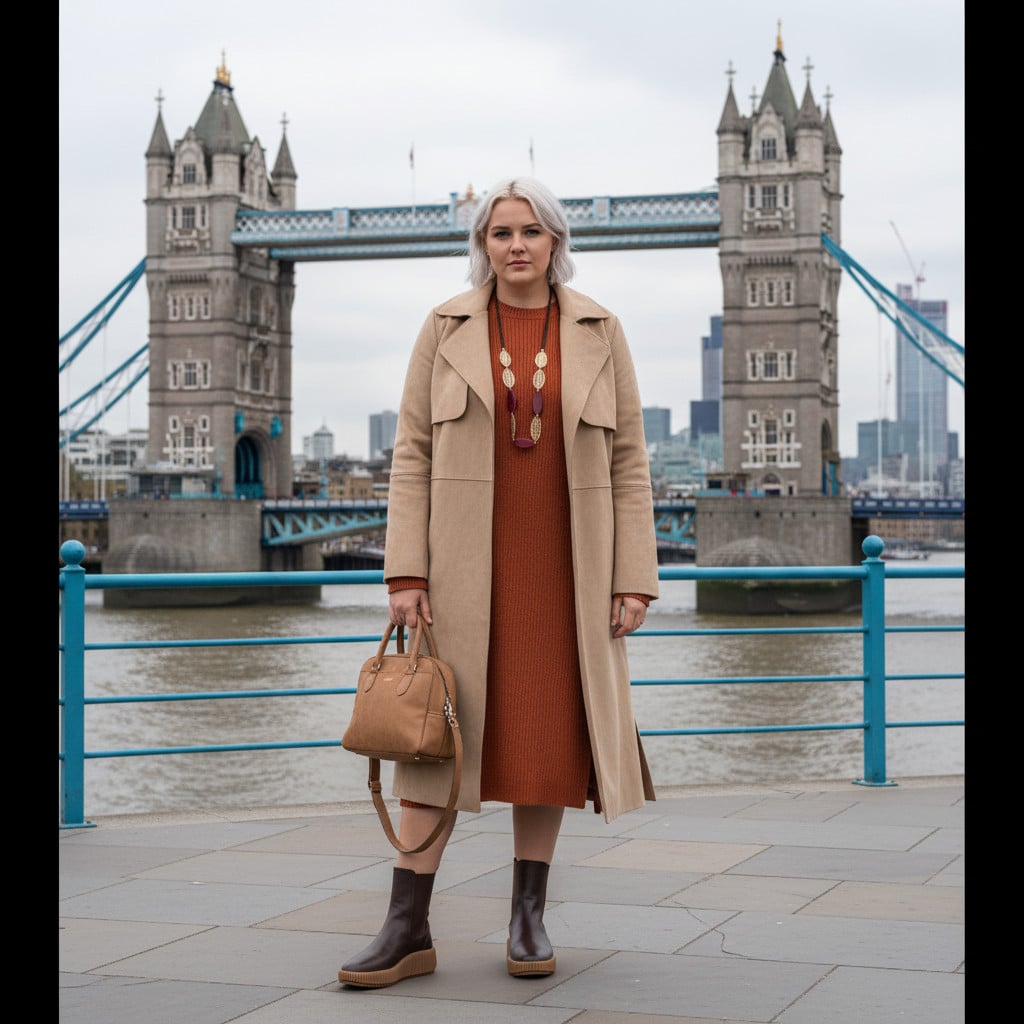 Outfit donna - Domenica al ristorante. Stile Urban per Tutti i giorni. Abbinamento con stivaletti chelsea, trench, borse a mano, vestiti midi/longuette, collane. - Virtual Try-On