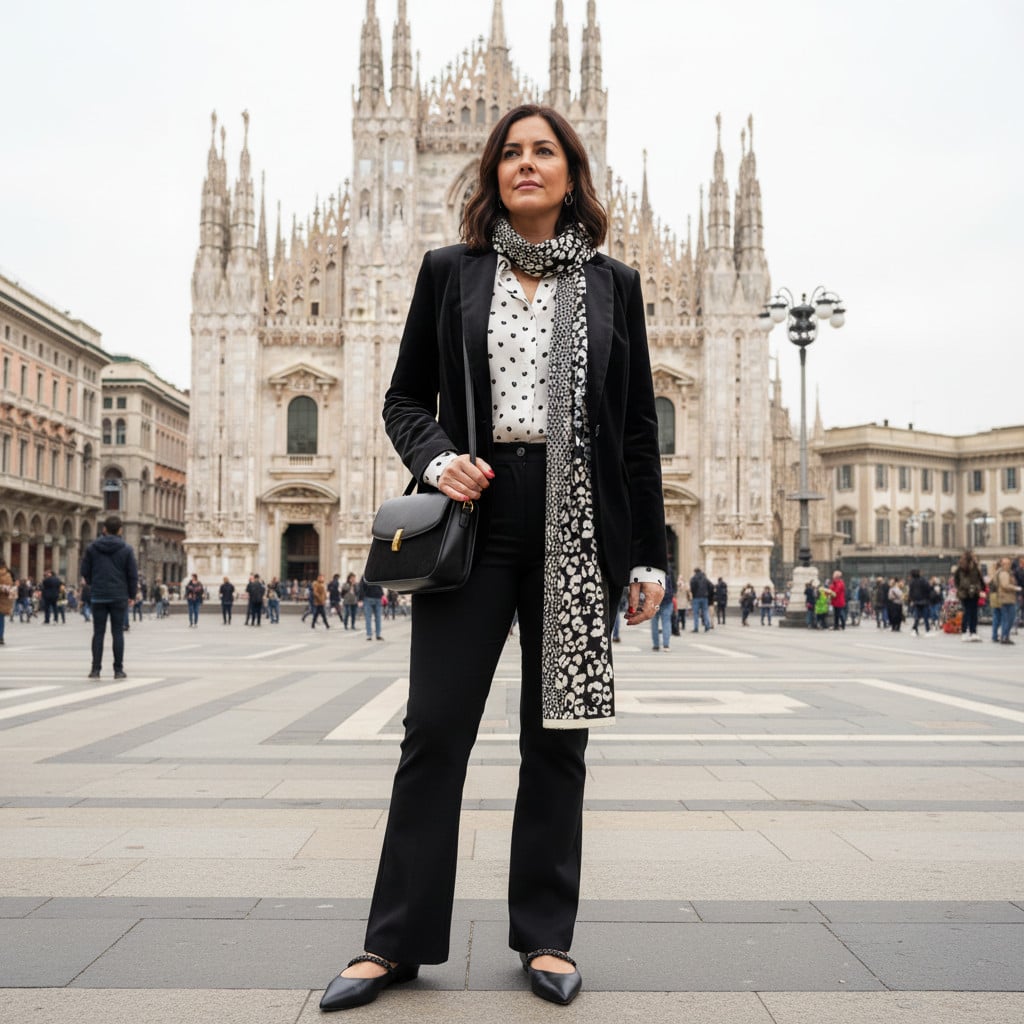 Outfit donna - Camicia e foulard!. Stile Chic per Serata fuori. Abbinamento con camicie, borse a mano, pantaloni, blazer, sciarpe, ballerine. - Virtual Try-On