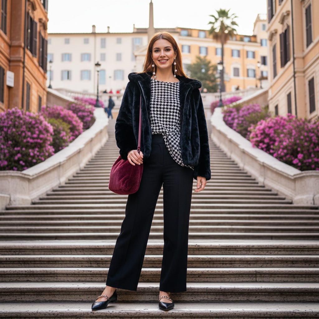 Outfit donna - Festa di compleanno. per Serata fuori. Abbinamento con ecopellicce, pantaloni, orecchini, bluse, ballerine, borse a spalla. - Virtual Try-On