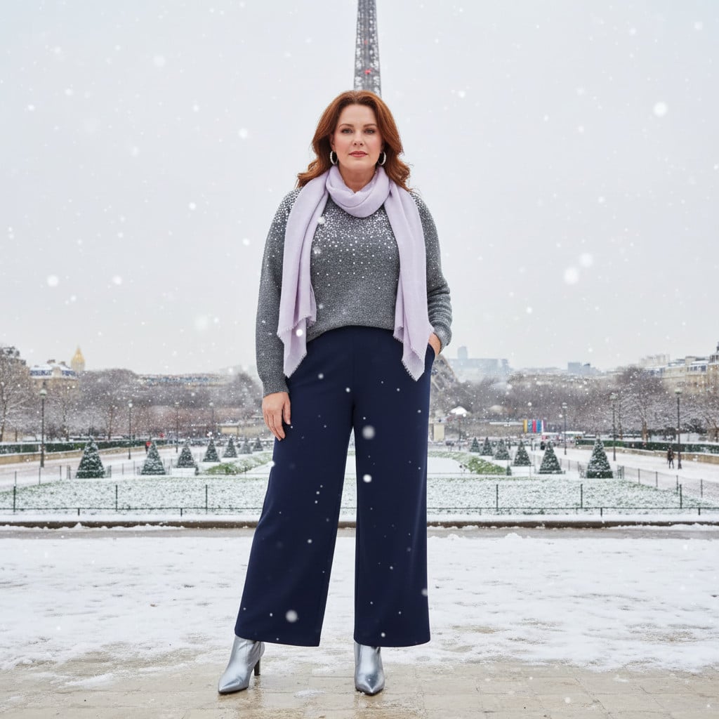 Outfit donna - Total look #2299605. Stile Casual chic per Serata fuori. Abbinamento con pantaloni, stivaletti, orecchini, maglieria, foulard. - Virtual Try-On