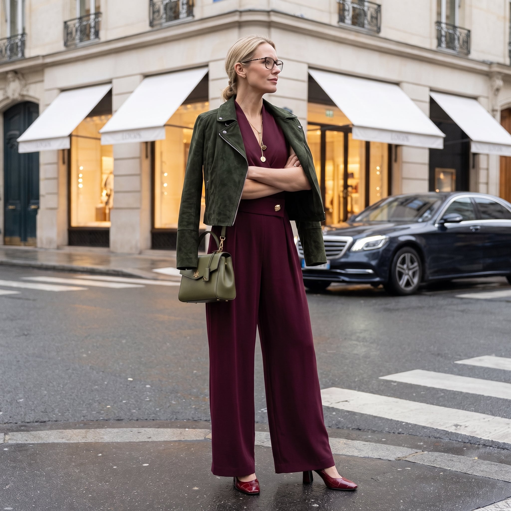 Outfit donna - Sofisticata in verde e bordeaux. Stile Glamour per Tutti i giorni. Abbinamento con collane, borse a mano, tute, décolleté, giacche. - Virtual Try-On