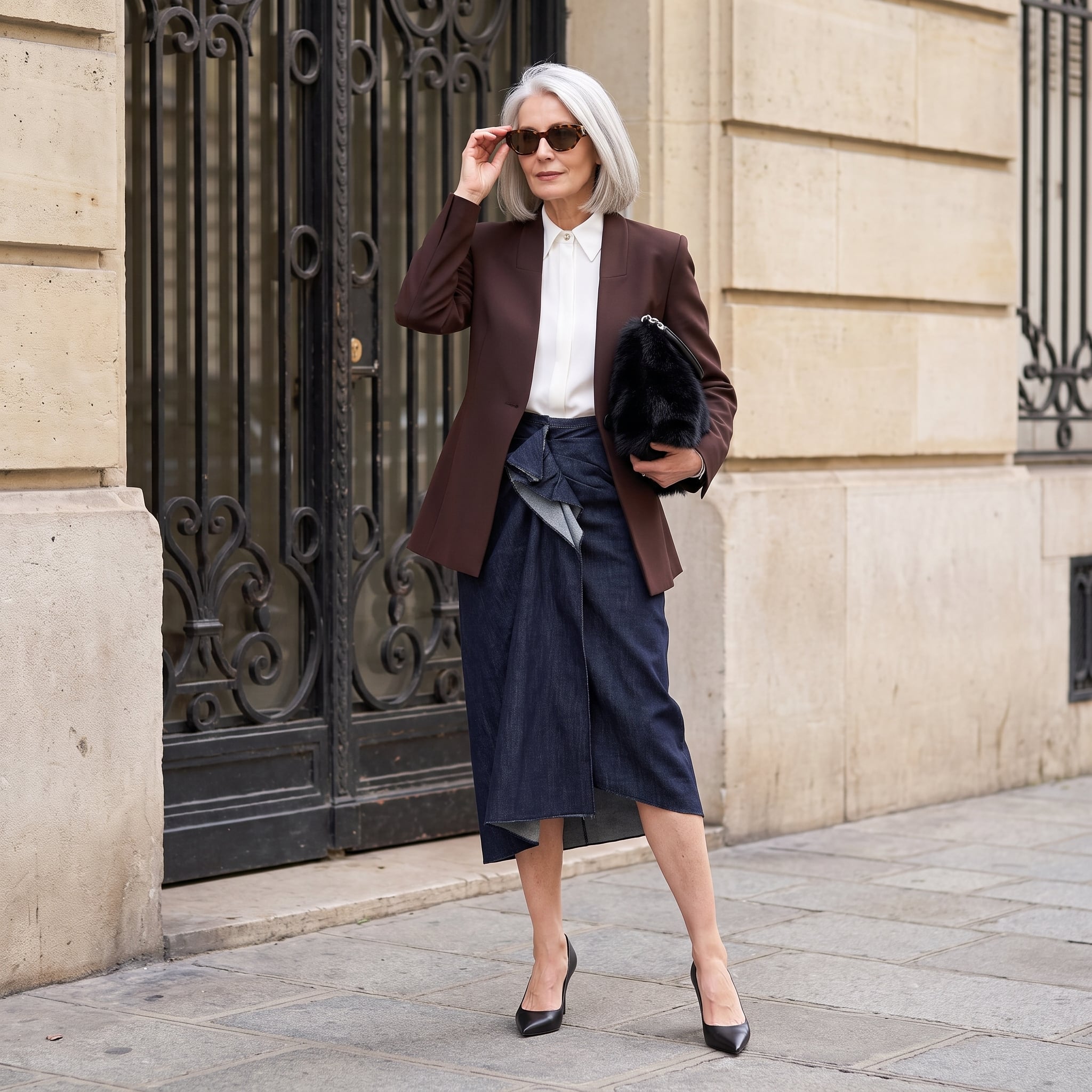 Outfit donna - Vergine: equilibrio complesso. Stile Glamour per Serata fuori. Abbinamento con blazer, gonne longuette, camicie, borse a mano, occhiali da sole, décolleté. - Virtual Try-On