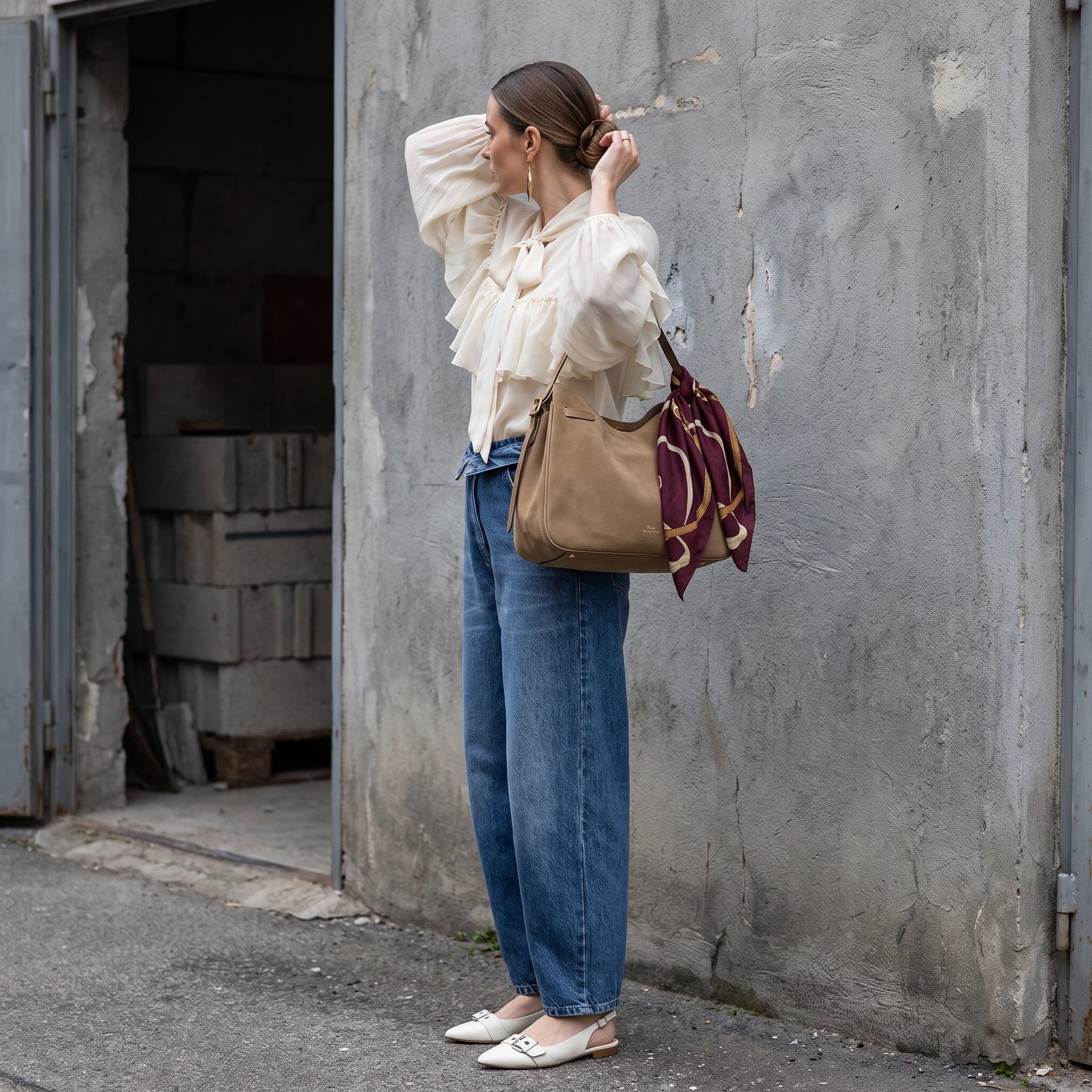 Outfit donna - W i colori neutri. Stile Casual chic per Tutti i giorni. Abbinamento con ballerine, bluse, jeans mom, borse a mano, orecchini, foulard. - Virtual Try-On