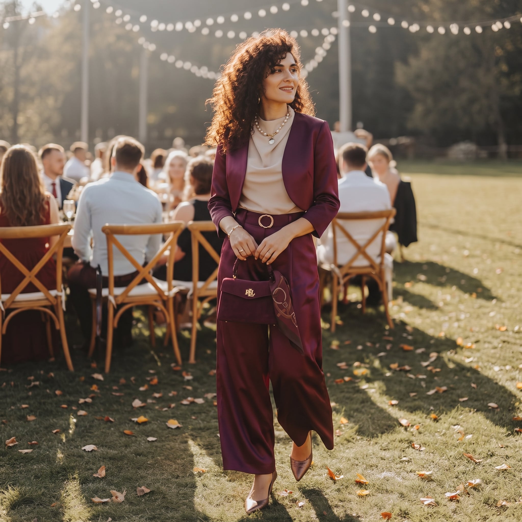 Outfit donna - Battesimo a settembre. Stile Glamour per Cerimonia. Abbinamento con décolleté, top, pantaloni a palazzo, bolero, collane, borse a mano. - Virtual Try-On