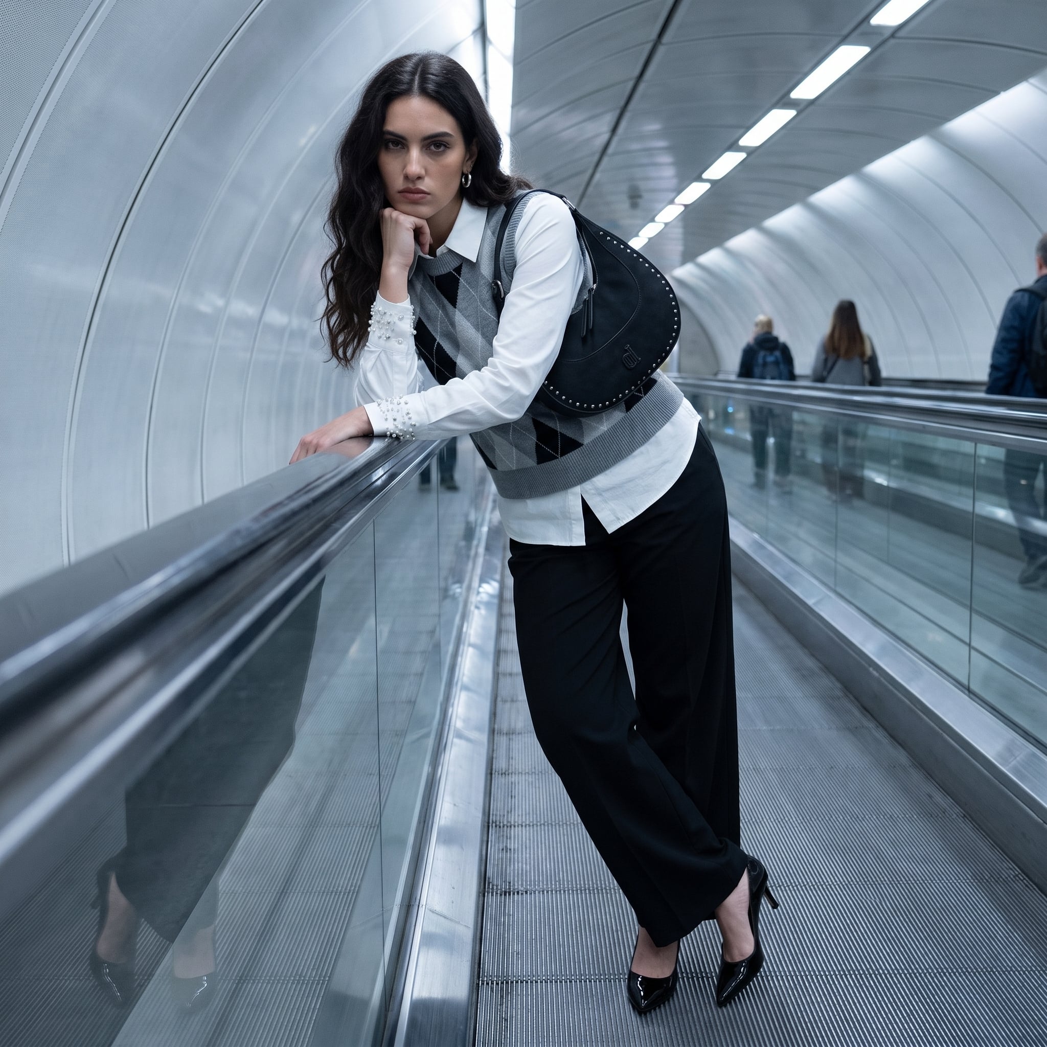 Outfit donna - Il gilet a rombi. Stile Casual chic per Tutti i giorni. Abbinamento con orecchini, borse a spalla, pantaloni a palazzo, maglieria, camicie, décolleté. - Virtual Try-On