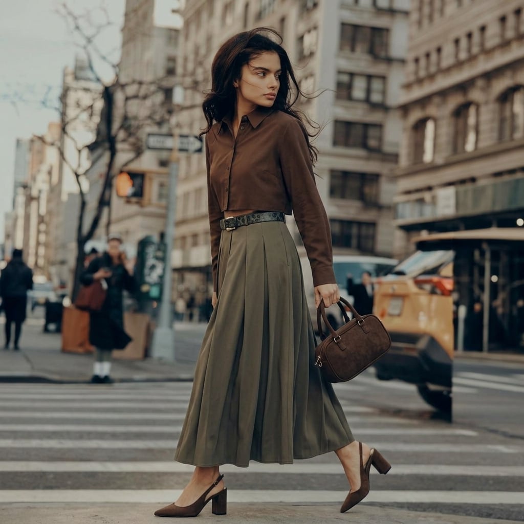 Outfit donna - Nuance autunnali. Stile Chic per Tutti i giorni. Abbinamento con gonne lunghe, camicie, décolleté, borse a tracolla, cinture. - Virtual Try-On