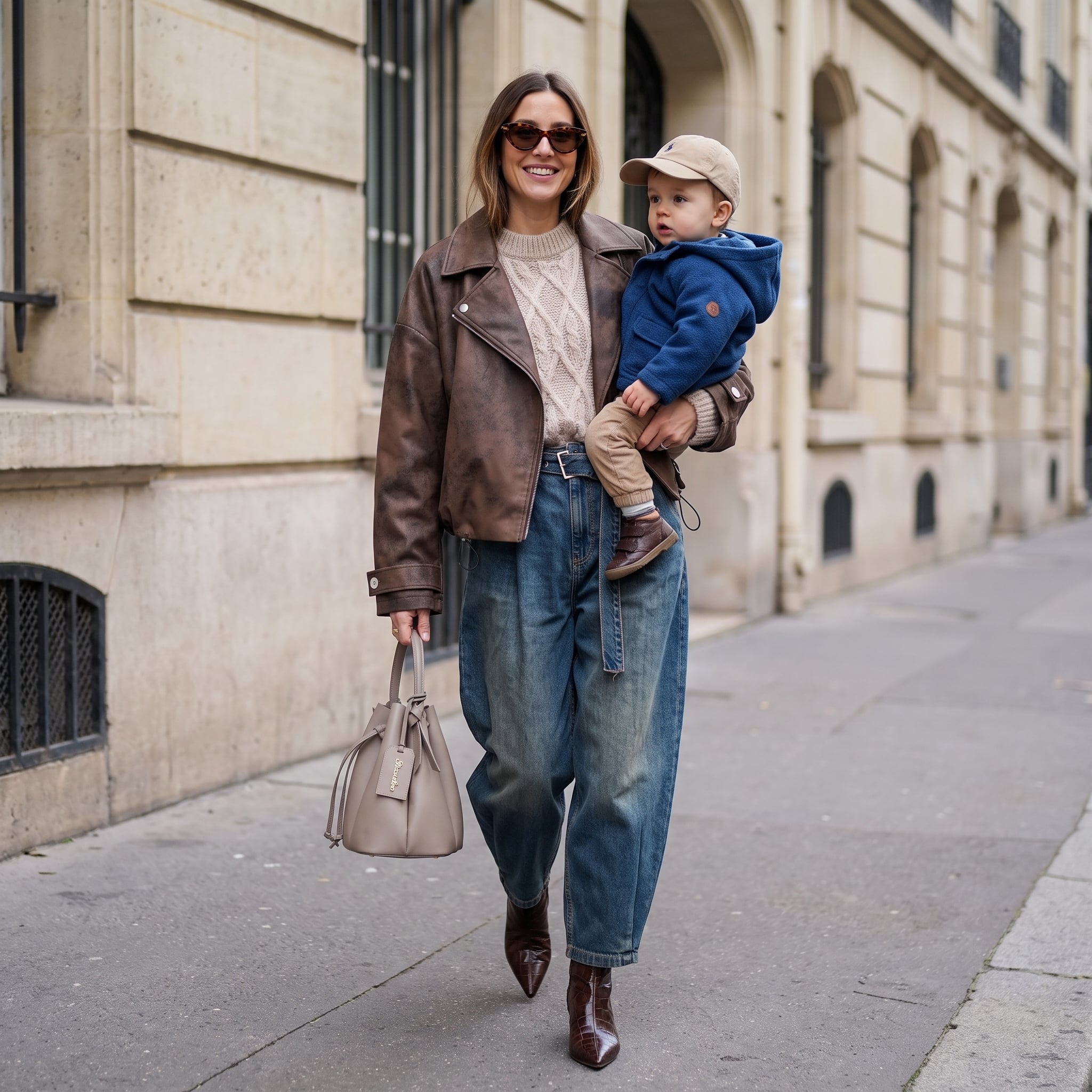 Outfit donna - Palette autunnale. Stile Urban per Ufficio. Abbinamento con bomber, maglieria, jeans, stivaletti, occhiali da sole, borse a secchiello. - Virtual Try-On