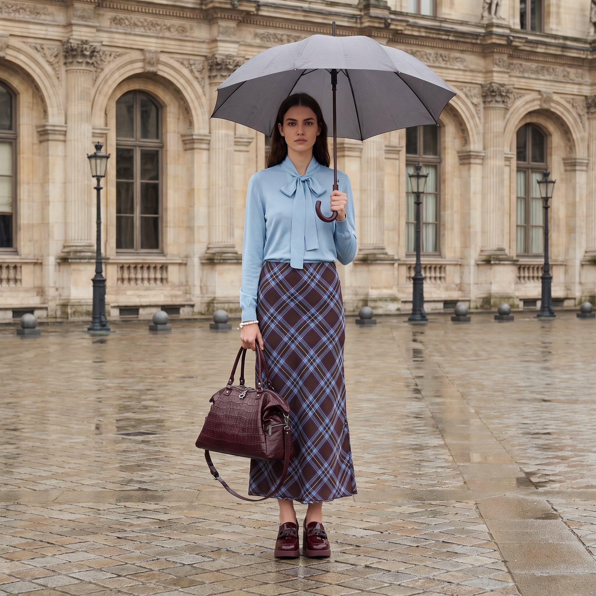 Outfit donna - maglia con fiocco vintage. Stile Vintage retrò per Ufficio. Abbinamento con pullovers, mocassini, gonne lunghe, shopping bag, braccialetti. - Virtual Try-On