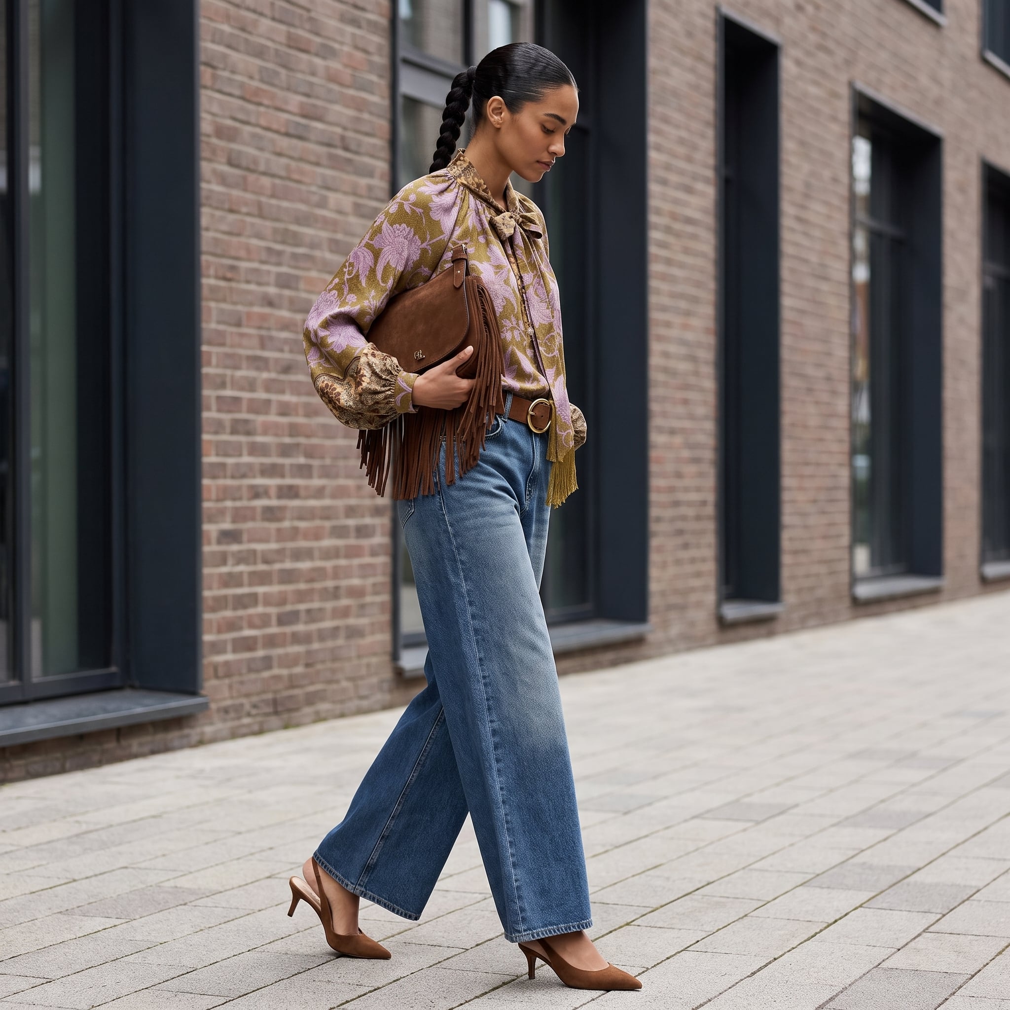 Outfit donna - Un look che conquista. Stile Boho per Serata fuori. Abbinamento con bluse, jeans, cinture, borse a tracolla, décolleté, ciondoli. - Virtual Try-On