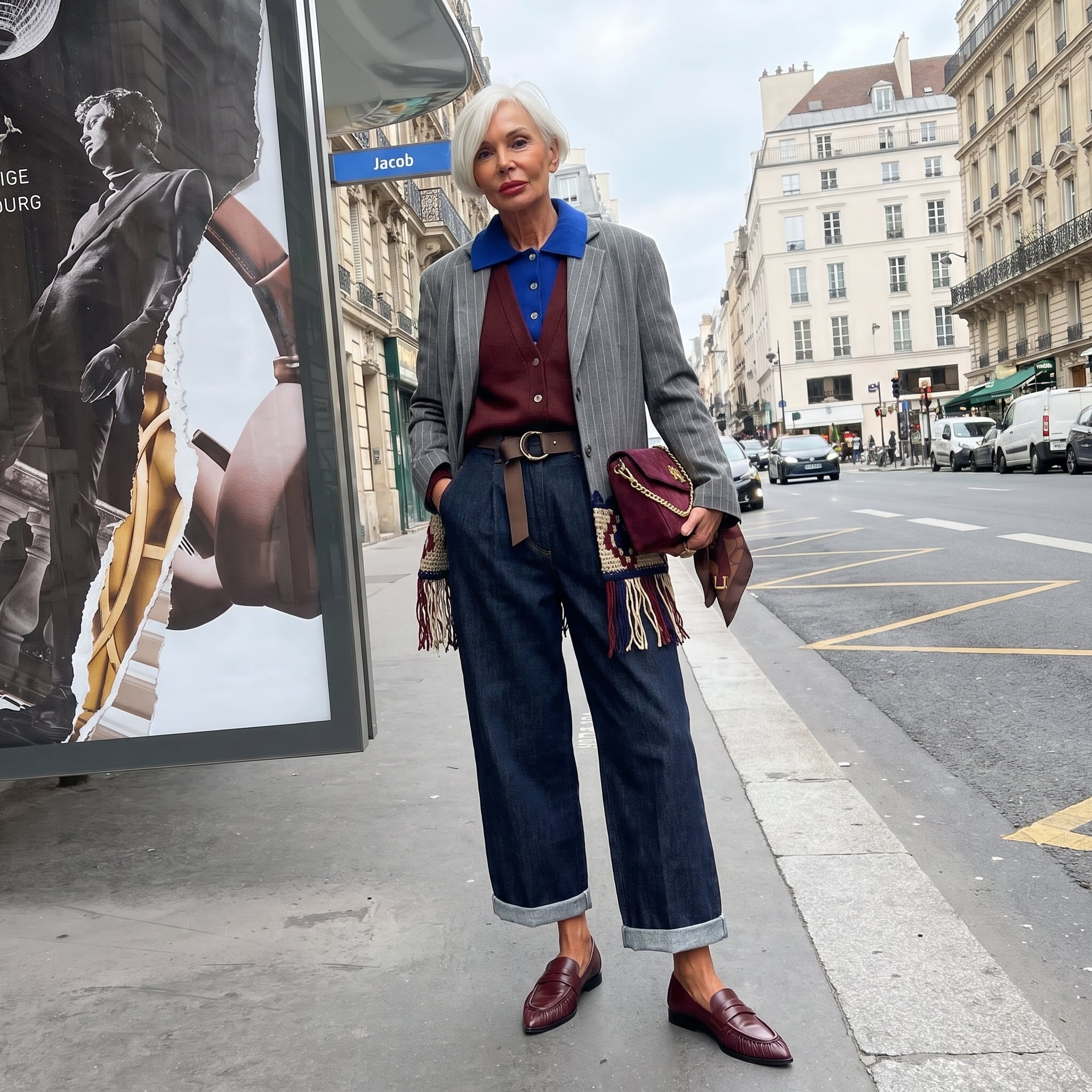 Outfit donna - Dark denim - Il jeans per l'autunno. Stile Urban per Serata fuori. Abbinamento con borse a tracolla, blazer, mocassini, cardigans, jeans. - Virtual Try-On