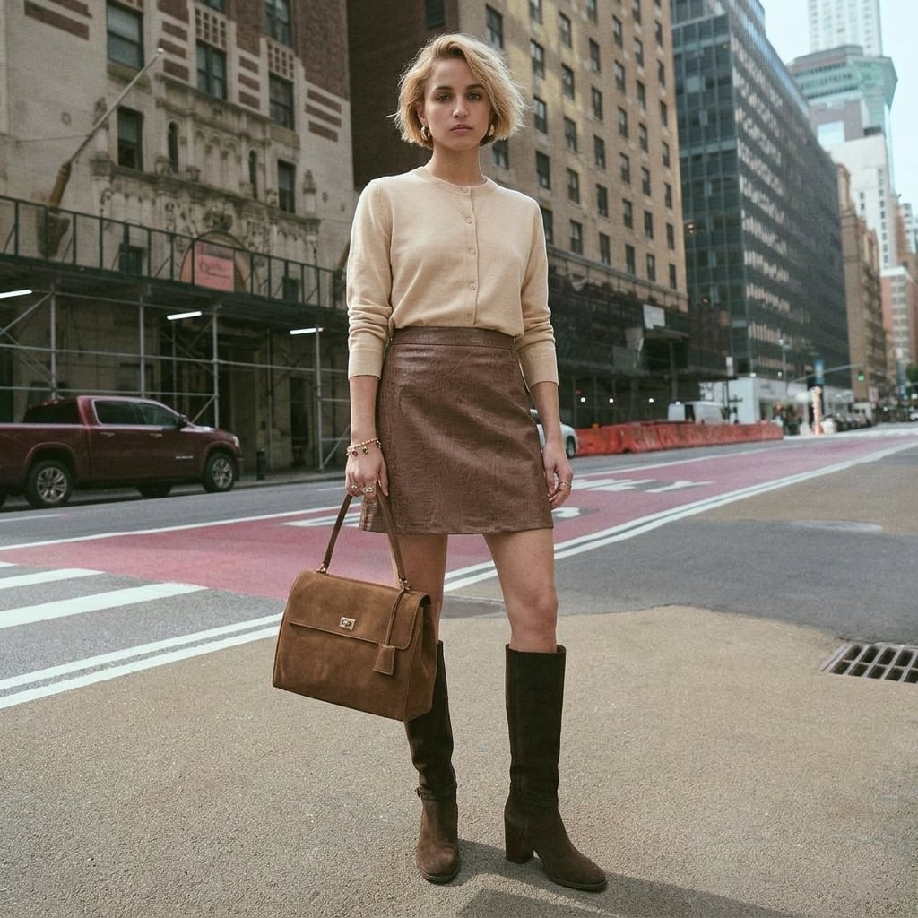 Outfit donna - Bilancia. Stile Casual chic per Serata fuori. Abbinamento con stivali, cardigans, borse a mano, minigonne, braccialetti, orecchini. - Virtual Try-On