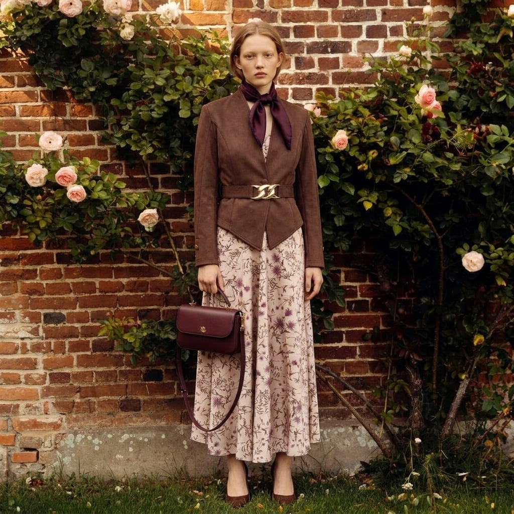 Outfit donna - Madrina autunnale. Stile Chic per Cerimonia. Abbinamento con foulard, borse a mano, décolleté, vestiti lunghi, blazer. - Virtual Try-On