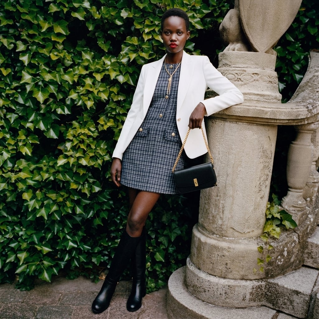 Outfit donna - outfit da cerimonia con Rinascimento. Stile Glamour per Cerimonia. Abbinamento con stivali, clutch, collane, vestiti corti, blazer. - Virtual Try-On