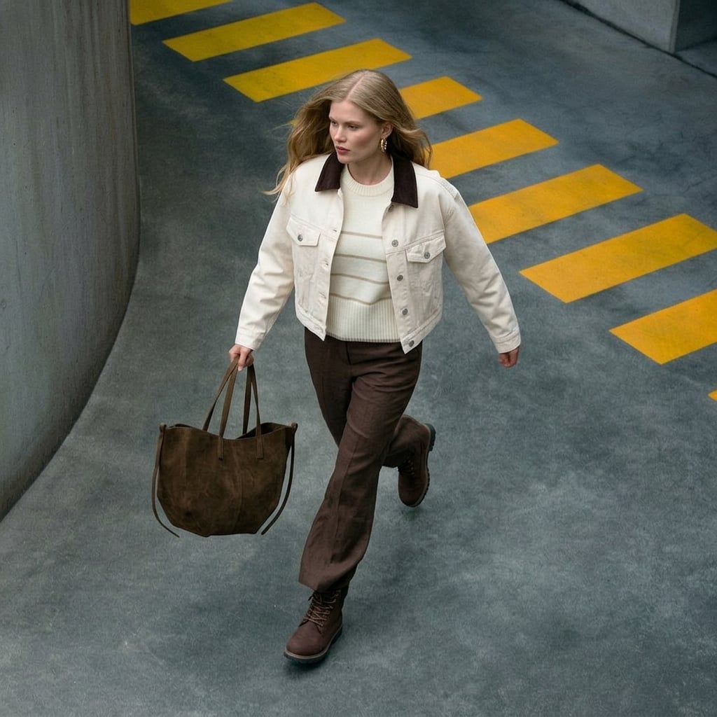 Outfit donna - Panna e marrone. Stile Basic per Tutti i giorni. Abbinamento con orecchini, pantaloni, borse tote, cappotti, maglieria, anfibi. - Virtual Try-On