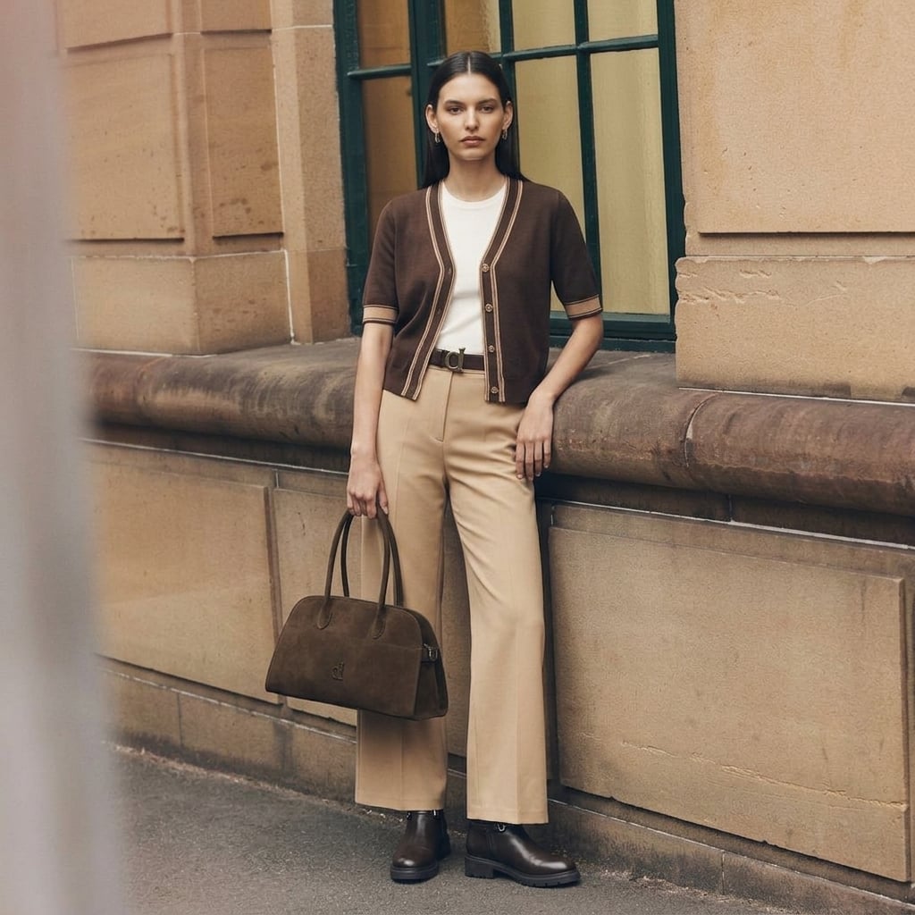 Outfit donna - Rich espresso e cream warmth. Stile Casual per Tutti i giorni. Abbinamento con borse a spalla, cinture, pantaloni a palazzo, cardigans, stivaletti. - Virtual Try-On