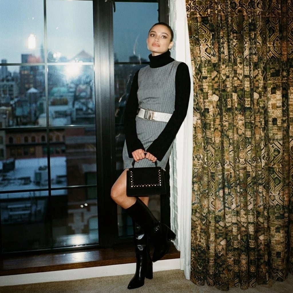 Outfit donna - Miniabito. Stile Minimal per Serata fuori. Abbinamento con vestiti senza maniche, borse a tracolla, cinture, maglieria, stivali. - Virtual Try-On