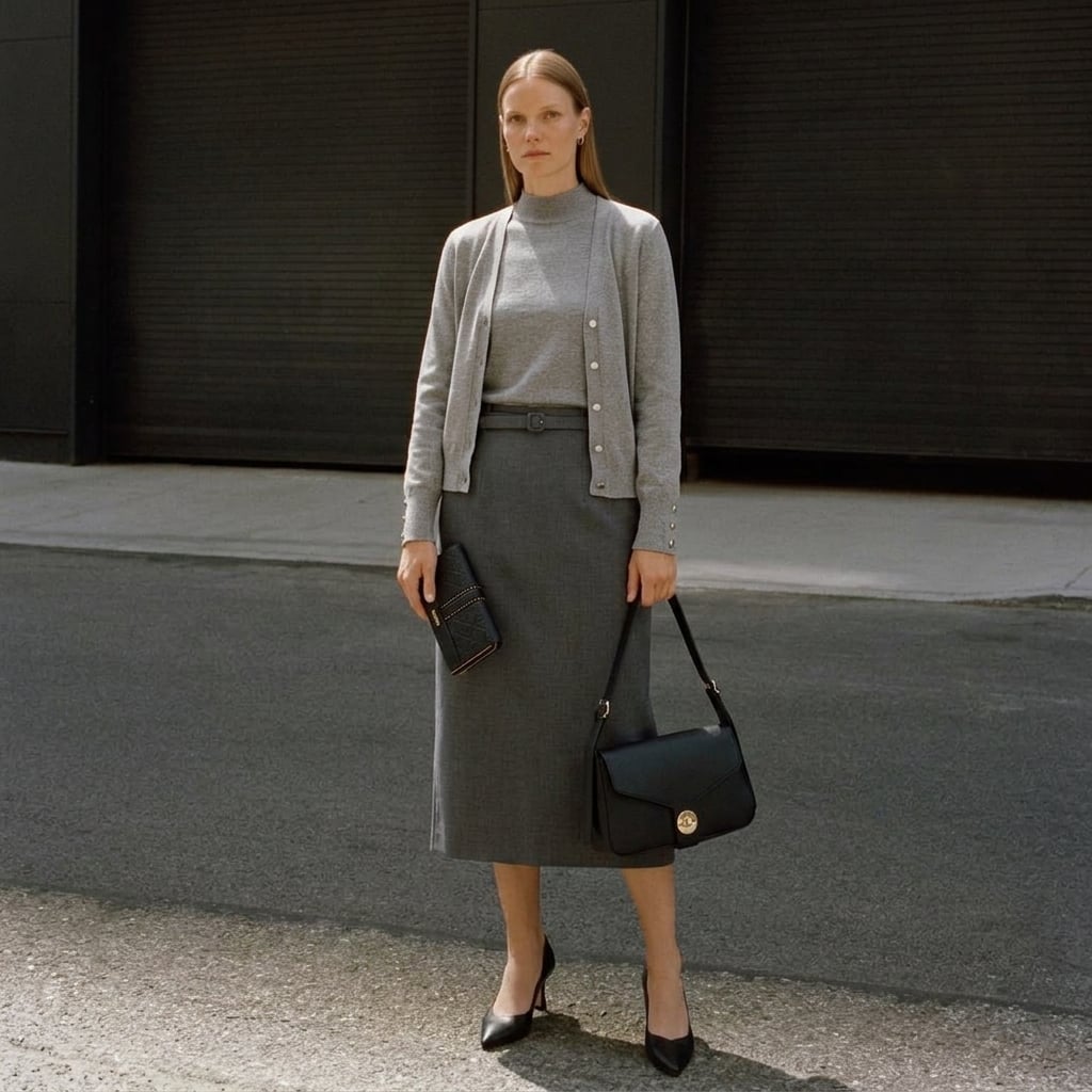 Outfit donna - Emily. Stile Bon Ton per Tutti i giorni. Abbinamento con gonne longuette, borse a spalla, pullovers, cardigans, portafogli, décolleté. - Virtual Try-On