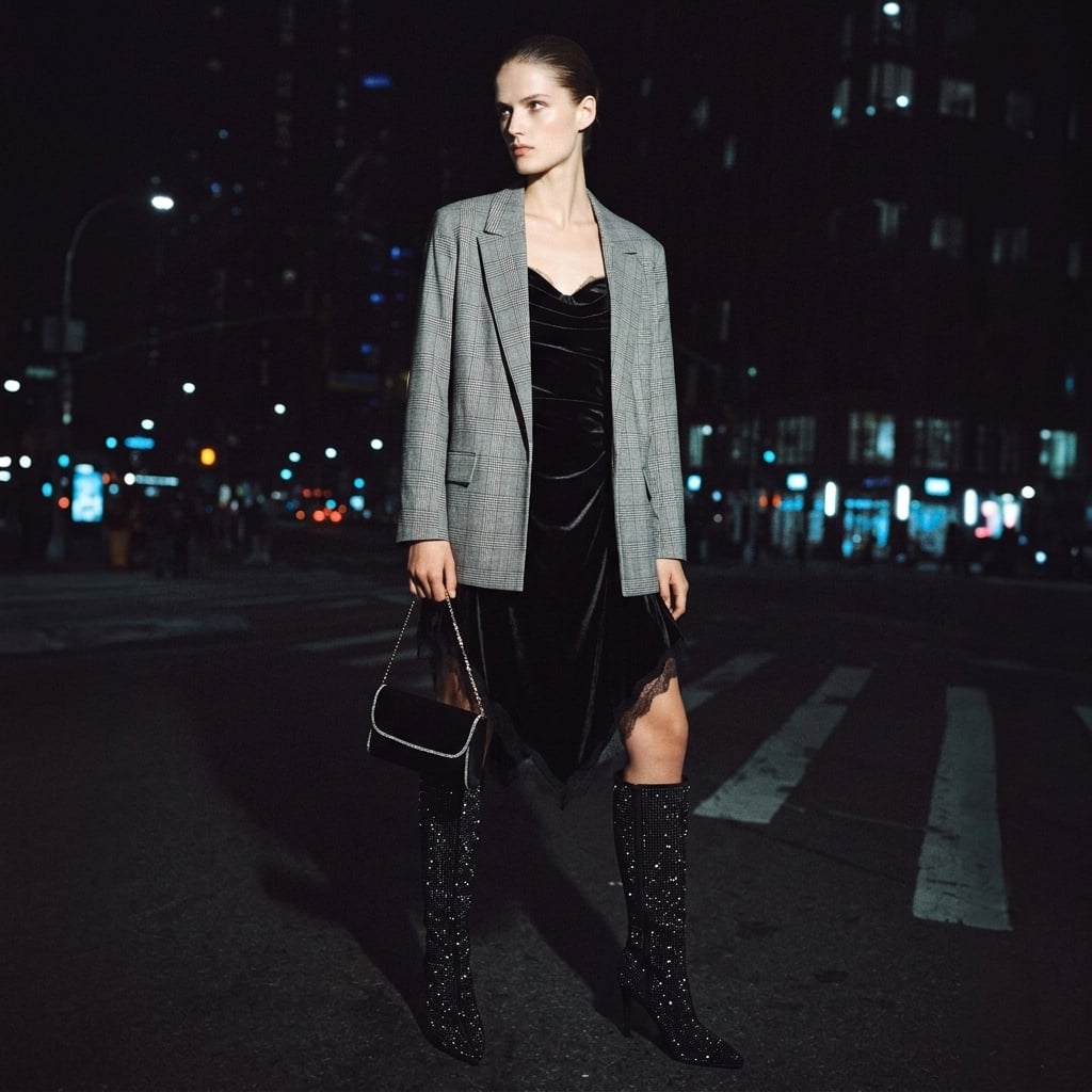 Outfit donna - Soirée à Paris. Stile Sexy per Serata fuori. Abbinamento con vestiti asimmetrici, blazer, stivali, pochette. - Virtual Try-On