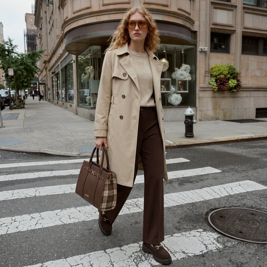 Outfit donna - Intramontabile trench anche con il sole. Stile Urban per Tutti i giorni. Abbinamento con occhiali da sole, trench, pantaloni a palazzo, maglieria, borse a tracolla, mocassini. - Virtual Try-On