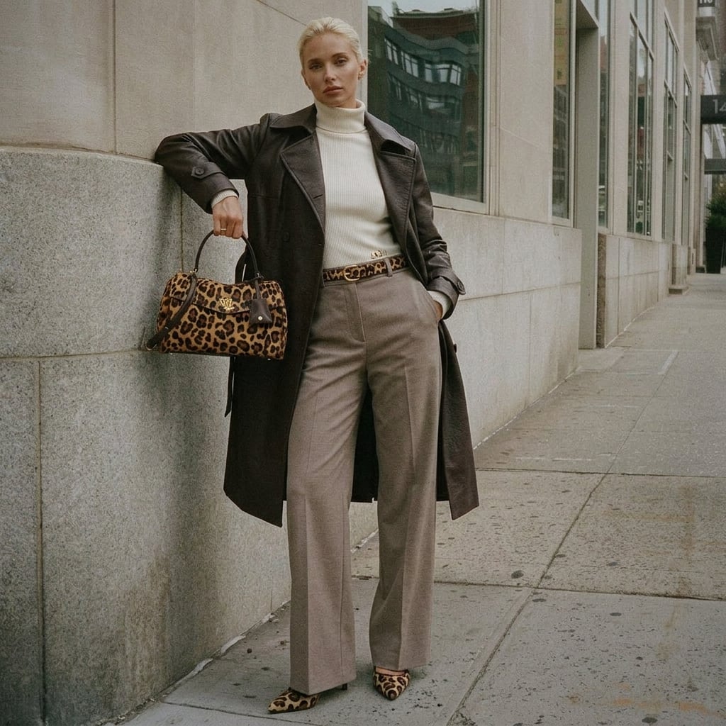 Outfit donna - Un tocco di animalier. Stile Urban per Ufficio. Abbinamento con trench, pantaloni, borse a mano, décolleté, cinture, pullovers. - Virtual Try-On