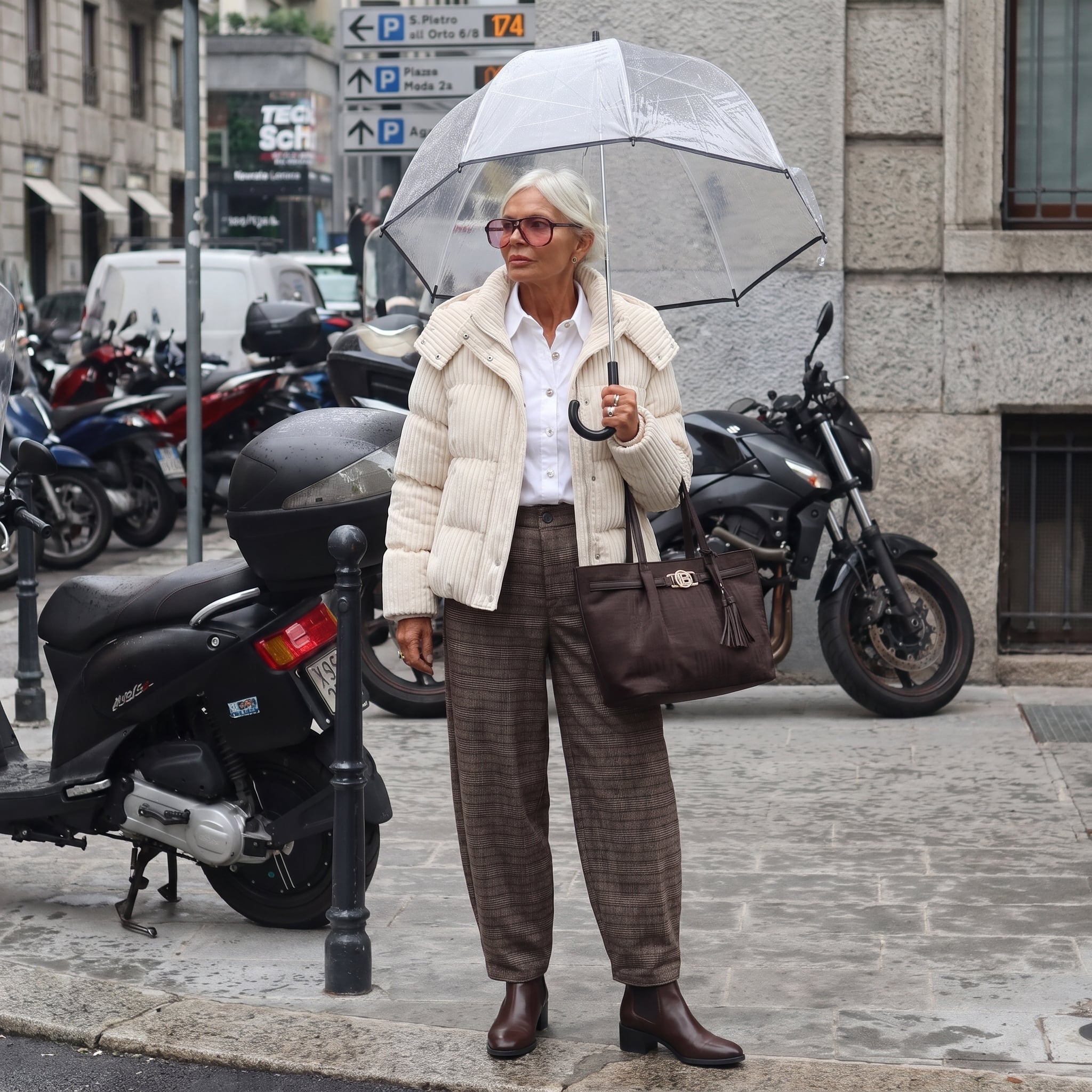 Outfit donna - Il ritorno del velluto. Stile Casual per Scuola/Università. Abbinamento con pantaloni, camicie, piumini, stivaletti chelsea, shopping bag. - Virtual Try-On