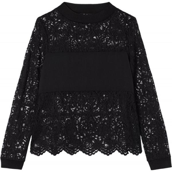Blusa con pizzo effetto satinato con scollo a maniche lunghe con fasce nero Find nero