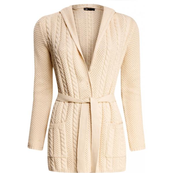 Cardigan a portafoglio con cintura e cappuccio avorio Oodji Collection bianco