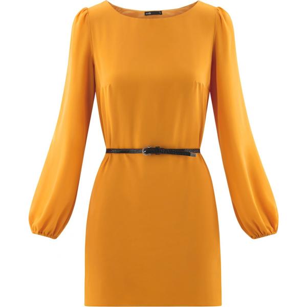 Vestito mini con cintura chiffon a maniche lunghe taglio dritto aderente giallo Oodji Ultra giallo