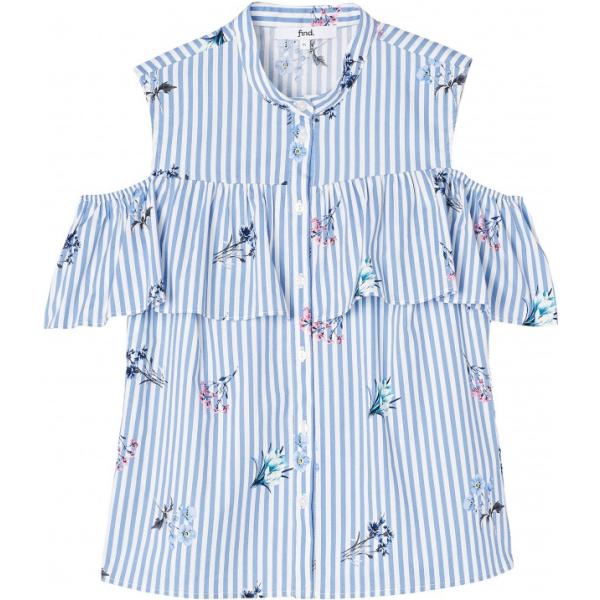 Camicia con volant a righe con spalle scoperte e bottoni blu Find. blu a righe