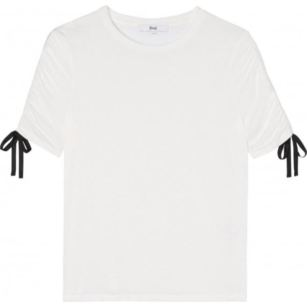 T-shirt con fiocco e arricciature con scollo e orlo bianco Find bianco