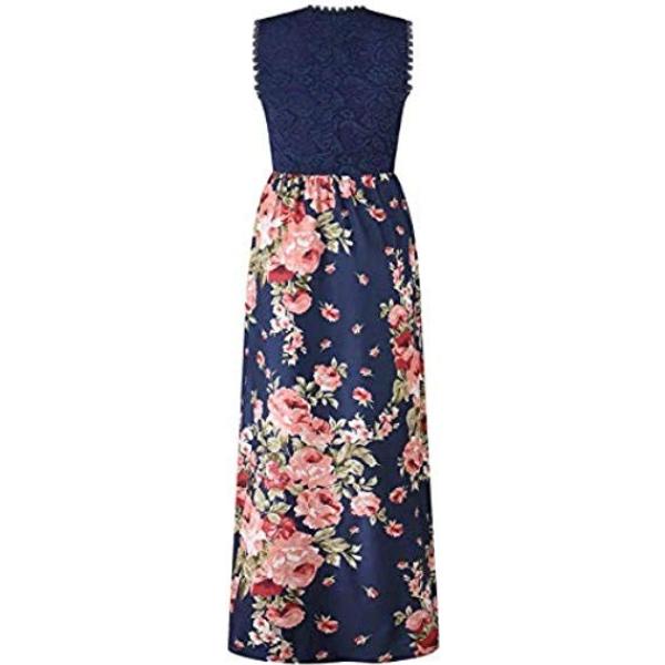 Vestito lungo con pizzo e stampa senza maniche maxi con tasche Longwu con stampe