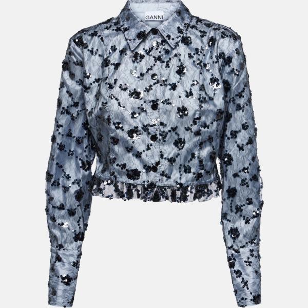 Chemise femme blanc neige à paillettes court avec boutons polyester Ganni