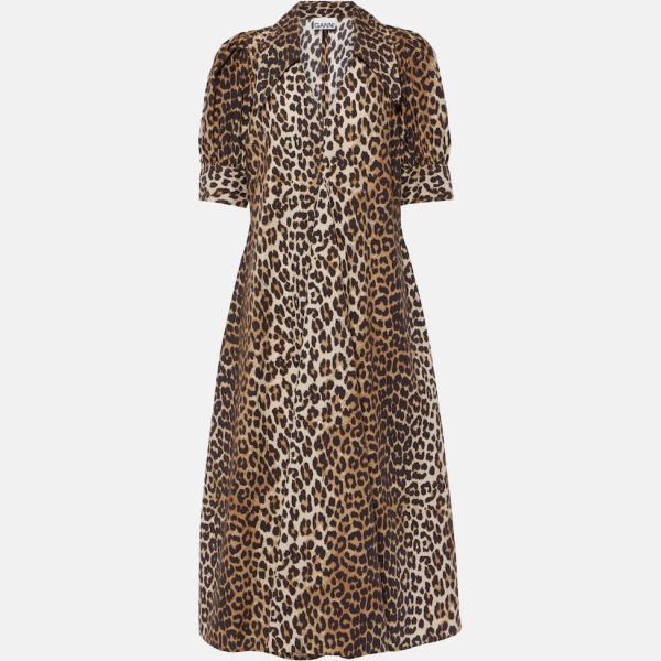 Robe mi-longue/midi femme blanc neige animalier coton Ganni
