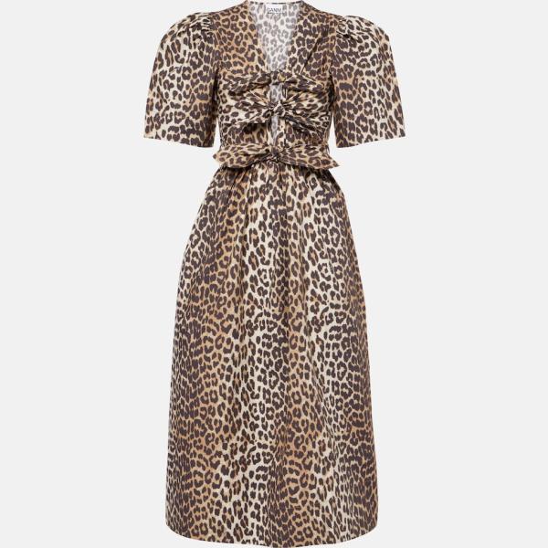 Robe mi-longue/midi femme marron clair animalier coton Ganni