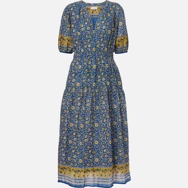 Robe longue femme bleu foncé à fleurs avec décolleté long coton Velvet