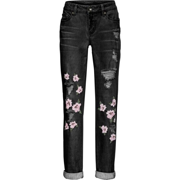 Jeans fantasia floreale con ricamo in denim nero Rainbow nero a fiori