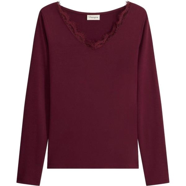 T-shirt da donna in rosso classico con pizzo collo a v bonprix bonprix