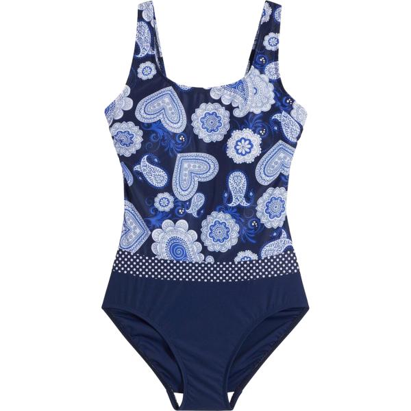 Costume intero da donna in blu scuro a pois modellante in cashmere bonprix
