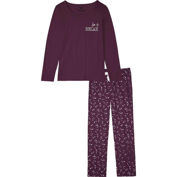 Pigiama da donna in viola scuro con scollo a maniche lunghe con lacci bonprix