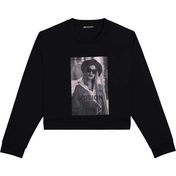 Felpa da donna in nero pece con stampe girocollo cropped in plush Freddy