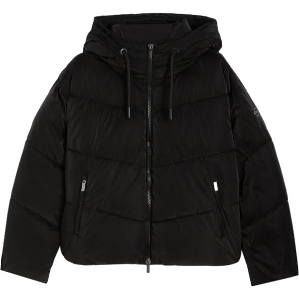 Piumino da donna in nero pece con strass collo con cappuccio cropped a maniche lunghe con zip Freddy