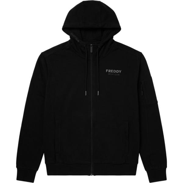 Felpa con cappuccio da uomo in nero pece con stampe collo con cappuccio con zip Freddy