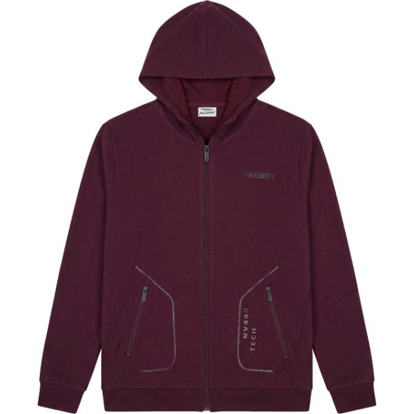 Felpa con cappuccio da uomo in bordeaux collo con cappuccio con zip in plush Freddy