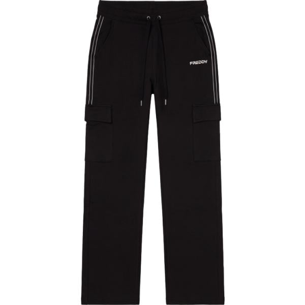 Pantaloni cargo da donna in nero pece a righe con coulisse in plush Freddy
