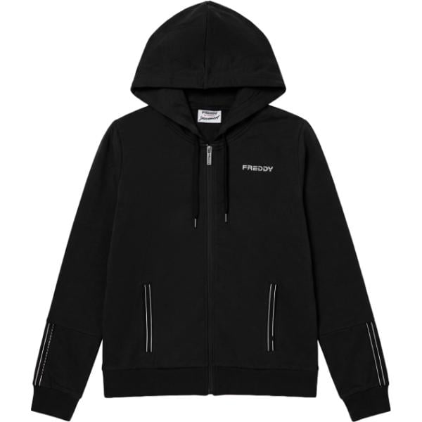 Felpa con cappuccio da donna in nero pece a righe collo con cappuccio con zip Freddy