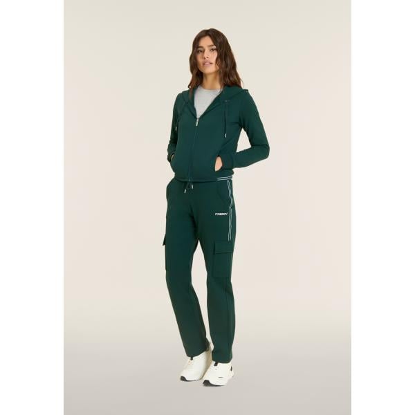 Felpa con cappuccio da donna in verde scuro a righe collo con cappuccio cropped con zip Freddy