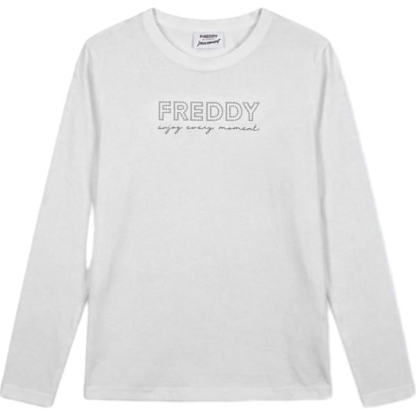 T-shirt da donna in bianco avorio con perle con scollo a maniche lunghe Freddy Freddy