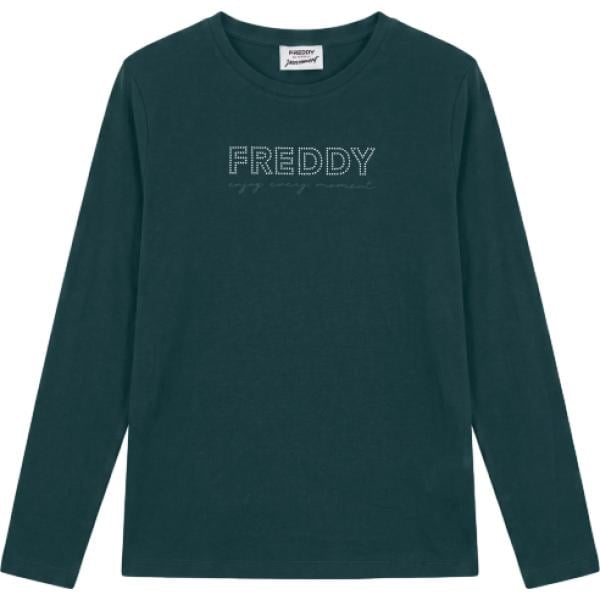 T-shirt da donna in grigio scuro con perle con scollo a maniche lunghe Freddy Freddy